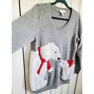 Motherhood Maternity Polar Bear Sweater Gray Holiday Fuzzy‎ Large Wool Blend NEW